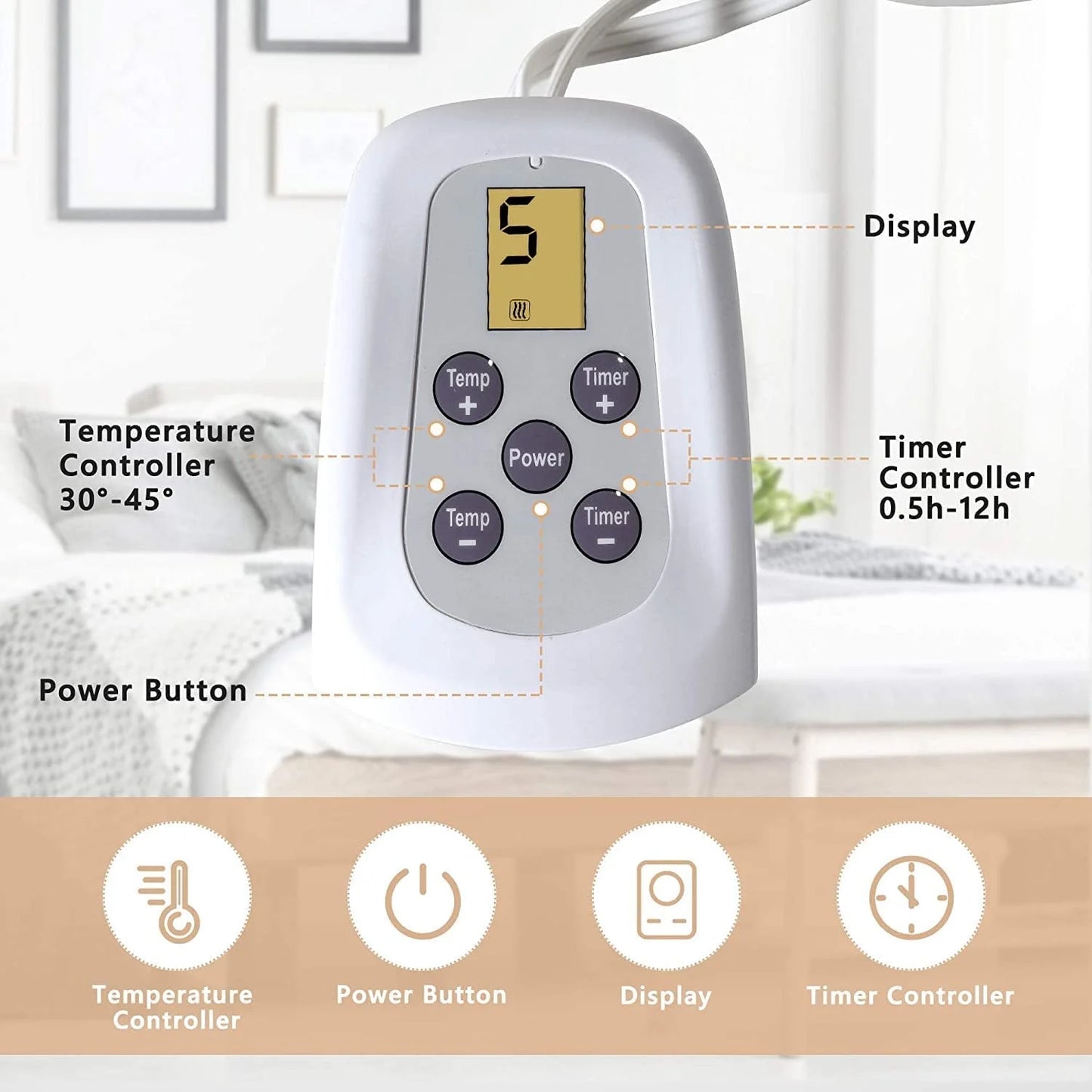 Electric Blanket Queen Size with Dual Control, 10 Heating Levels& 12 Hours Auto-Off, Overheat Protection, White