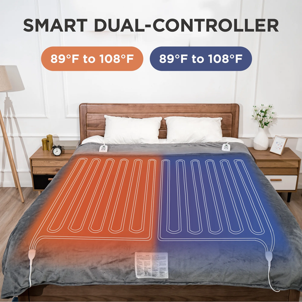 Royalcraft Electric Blanket Queen Size with Dual Control, 10 Heating Levels& 12 Hours Auto-Off, Overheat Protection, Grey
