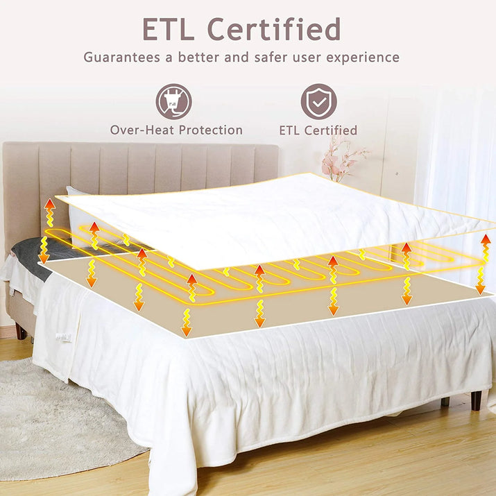 Electric Blanket Queen Size with Dual Control, 10 Heating Levels& 12 Hours Auto-Off, Overheat Protection, White